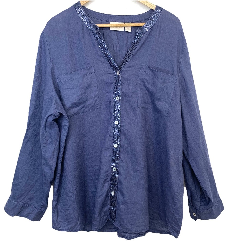 Chicos 3 Button Front 100% Linen Blouse XL/16 Long Roll Tab Sleeve Sequin Trim